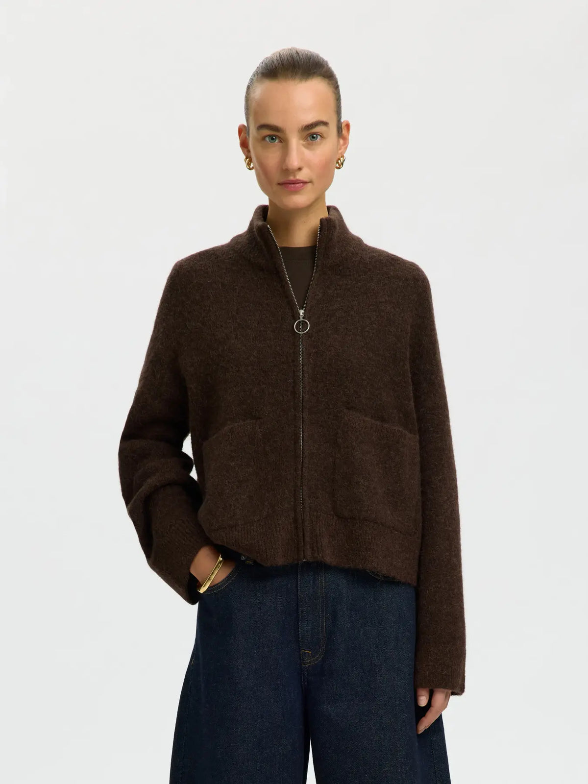 SELECTED KNIT ZIPPER CARDIGAN - Chocolate