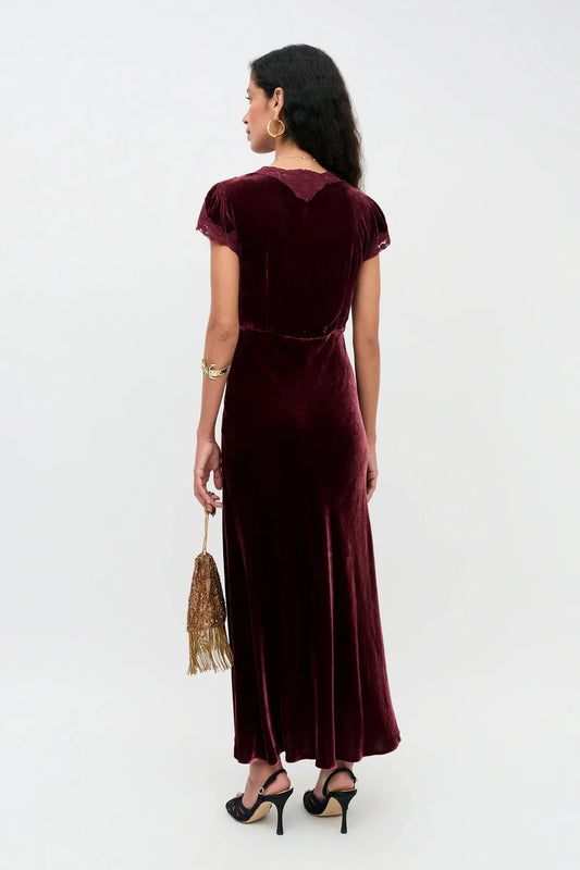RIXO AMARI SILK VELVET DRESS - Bordeaux