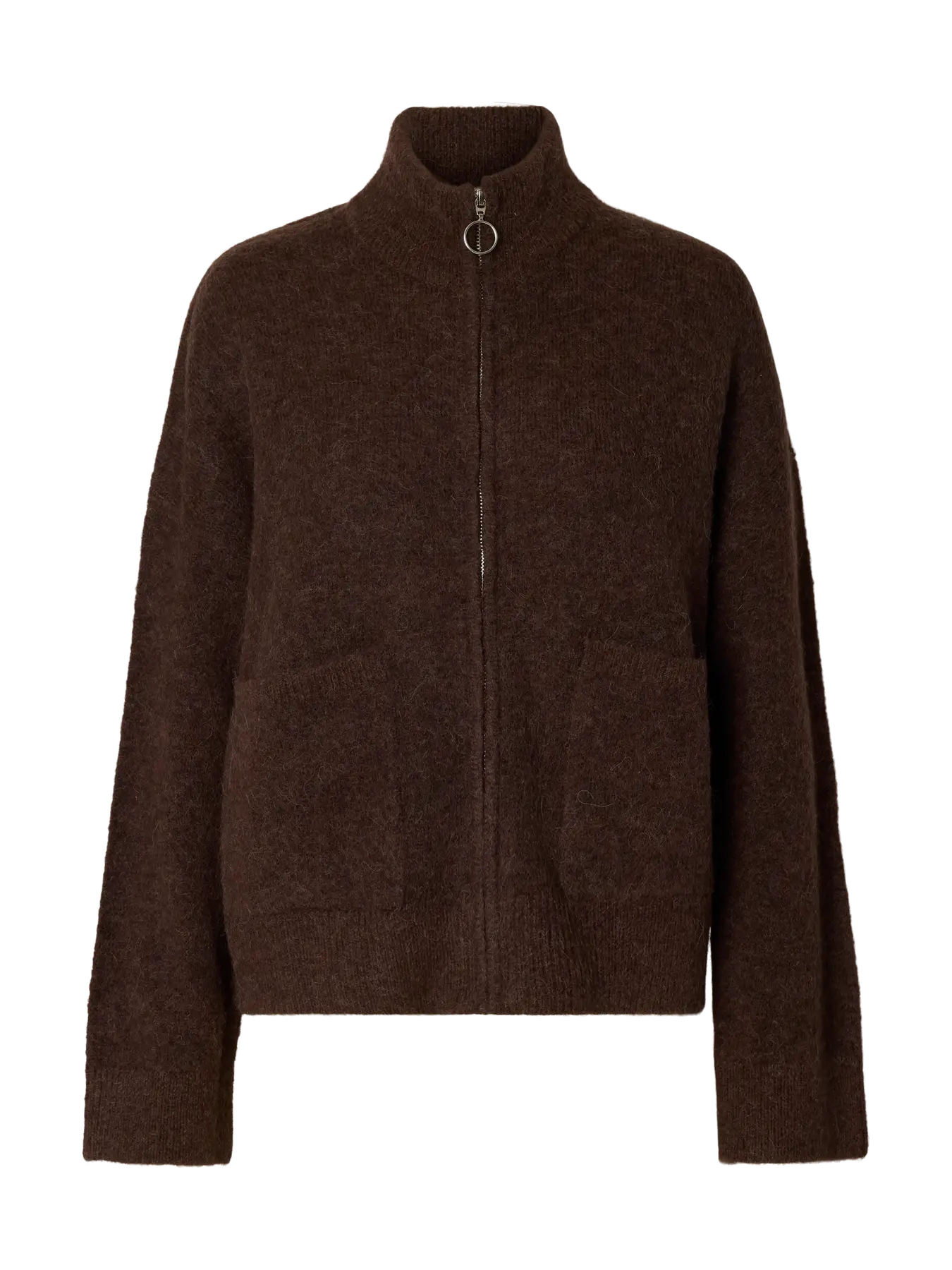 SELECTED KNIT ZIPPER CARDIGAN - Chocolate