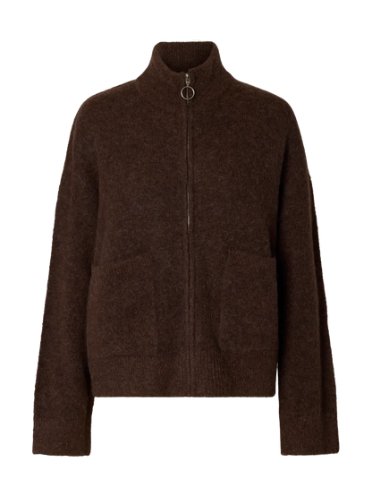 SELECTED KNIT ZIPPER CARDIGAN - Chocolate