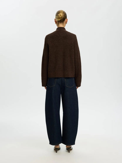 SELECTED KNIT ZIPPER CARDIGAN - Chocolate