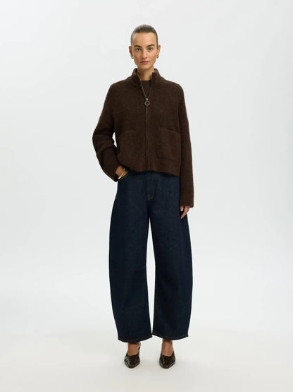 SELECTED KNIT ZIPPER CARDIGAN - Chocolate