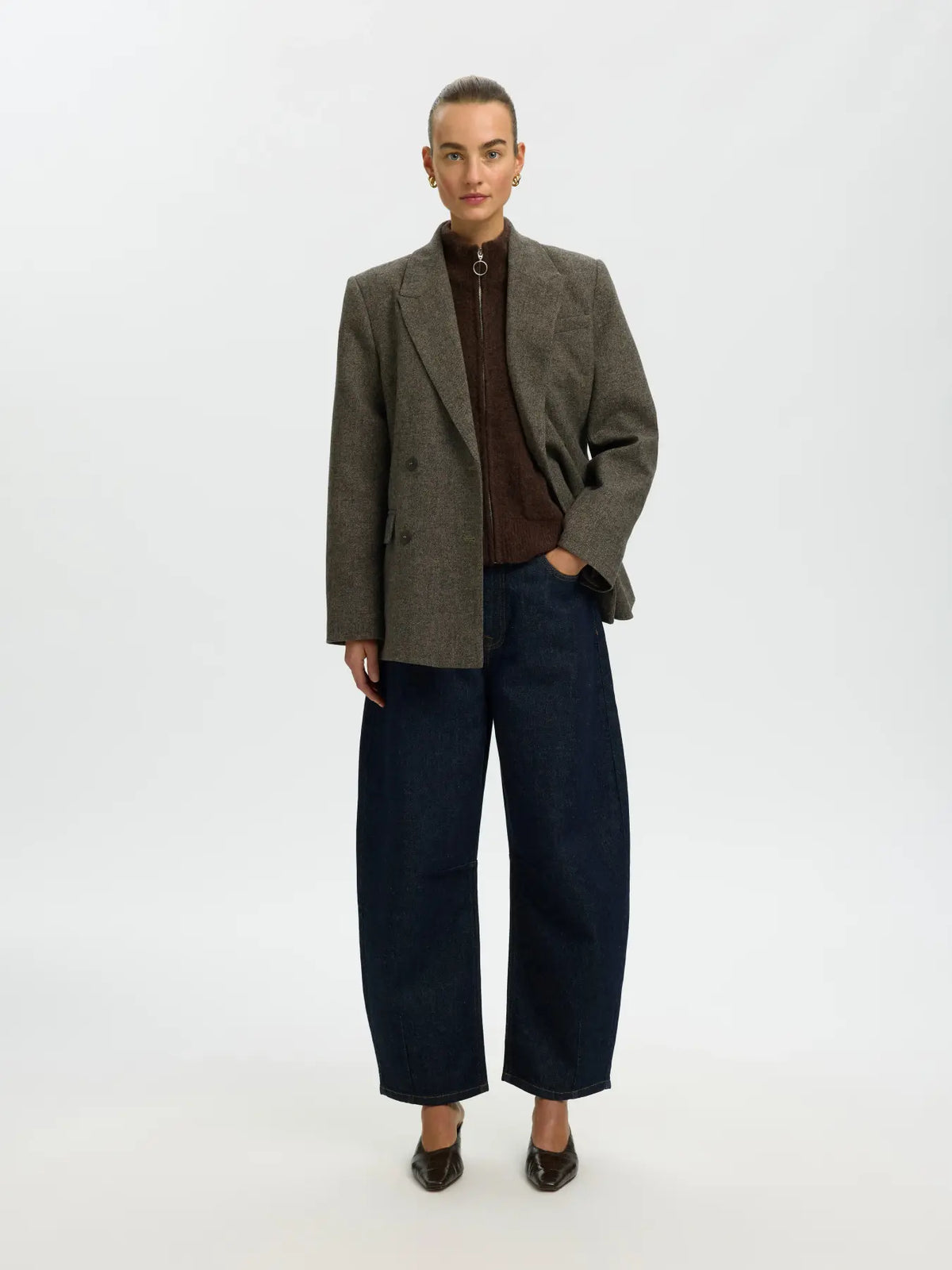 SELECTED KNIT ZIPPER CARDIGAN - Chocolate