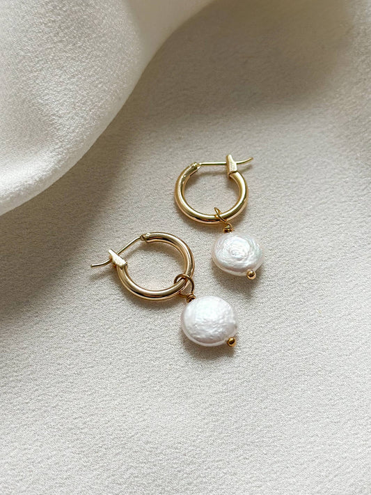 18k Gold Coin Pearl Hoop Earrings
