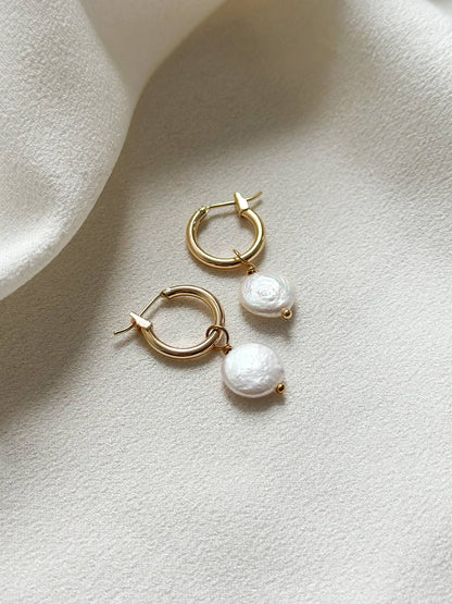 18k Gold Coin Pearl Hoop Earrings