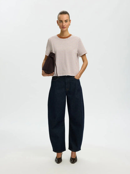 SELECTED STRIPED BOXY TEE - Caramel stripe