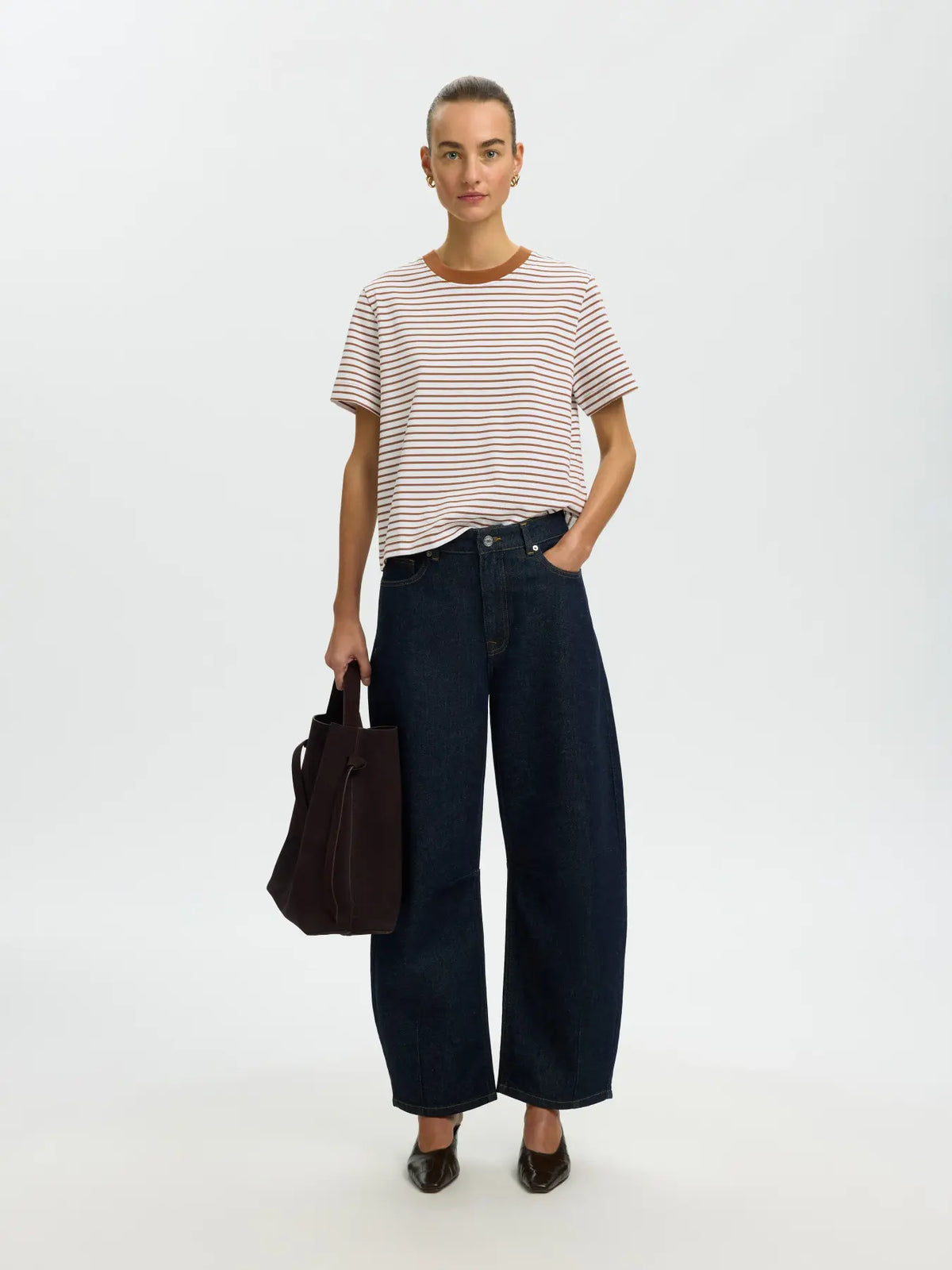 SELECTED STRIPED BOXY TEE - Caramel stripe