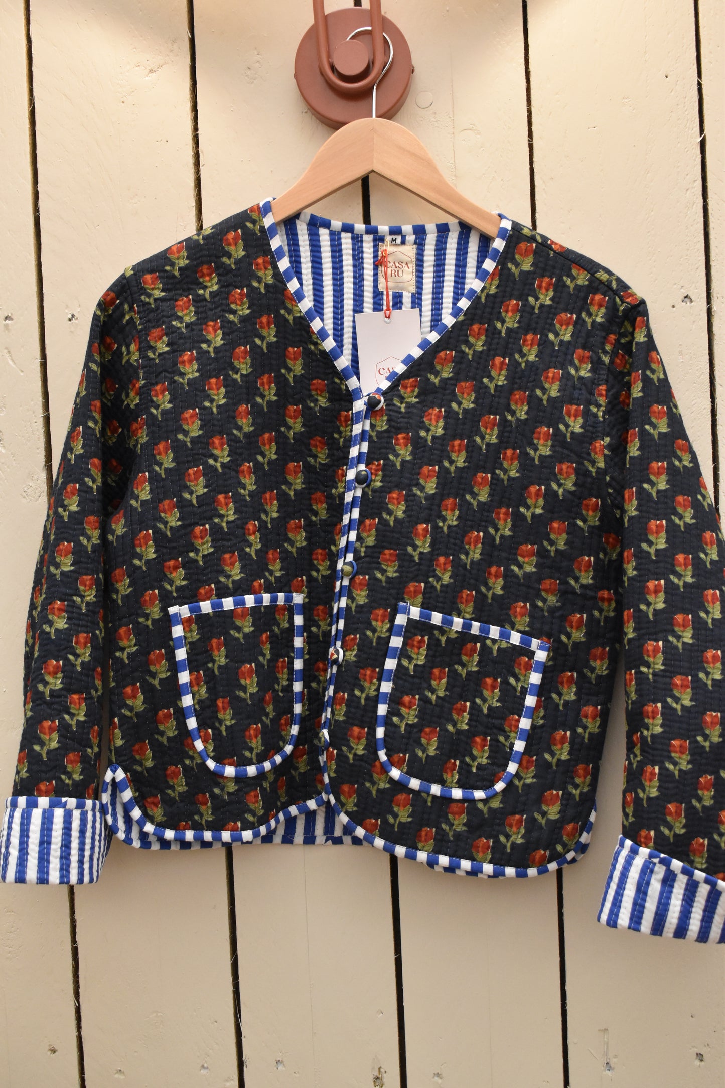 QUILTED JACKET - Blue Cotton Floral / Stripe