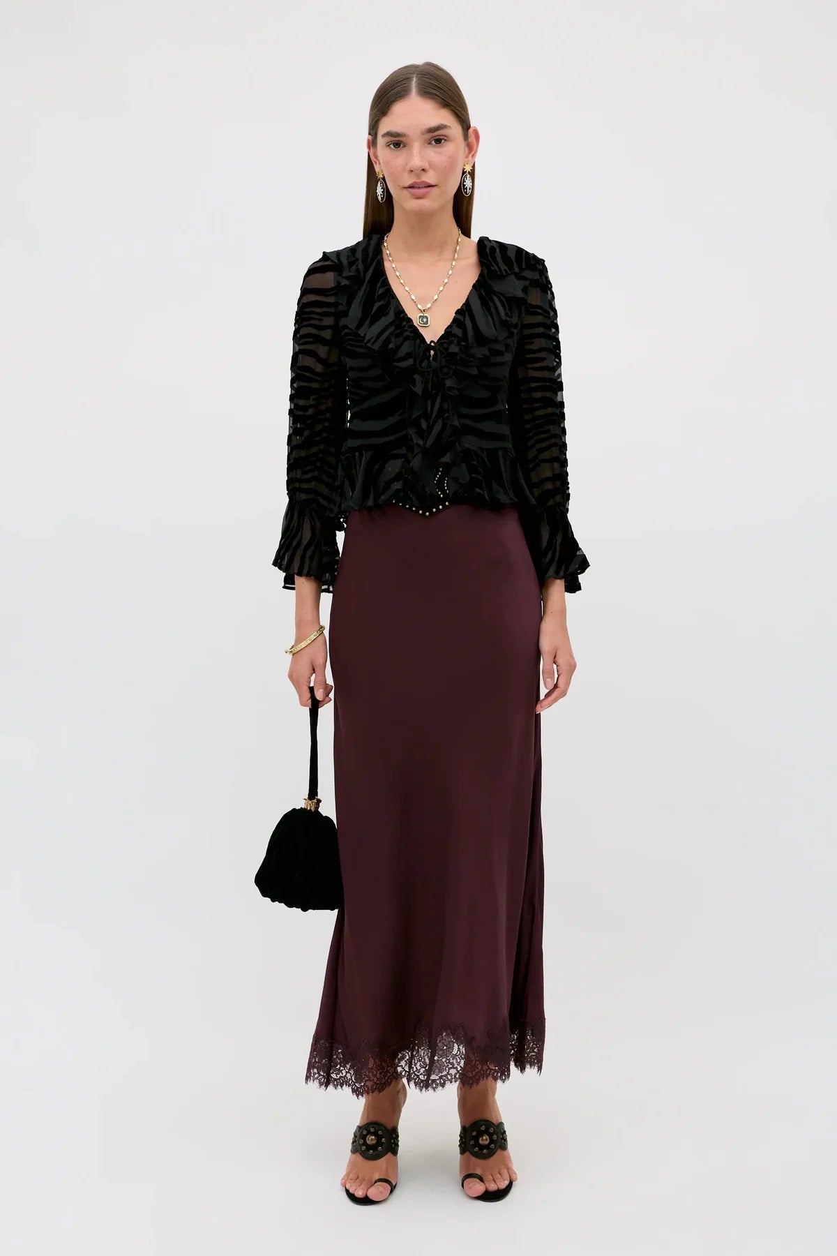 RIXO MATILDE LACED TRIMMED SKIRT - Wine Burgundy