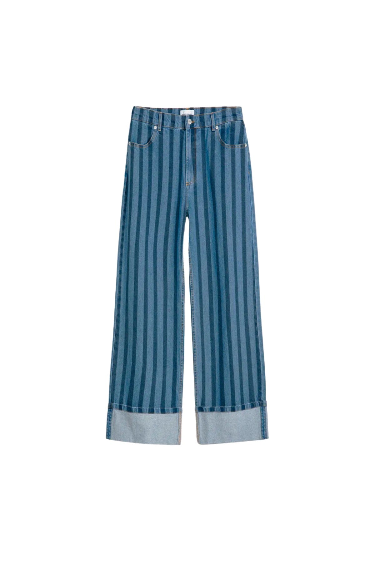 STRIPED WIDE-LEG DENIM TROUSERS