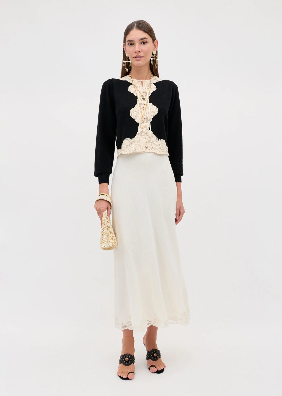 RIXO TASSIA CARDIGAN - Black with Cream Lace