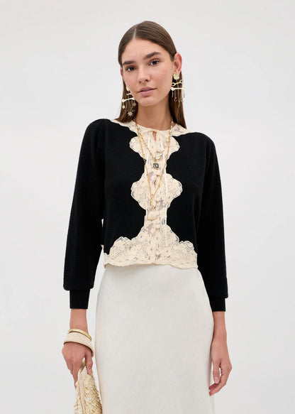 RIXO TASSIA CARDIGAN - Black with Cream Lace