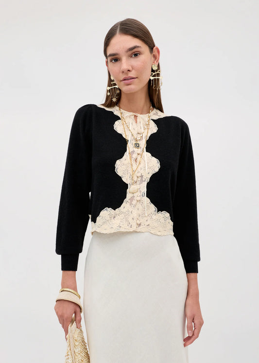 RIXO TASSIA CARDIGAN - Black with Cream Lace