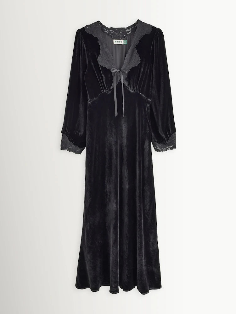RIXO LARAH LACE-TRIMMED VELVET MIDI DRESS – Black