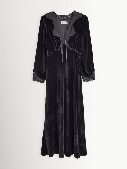 RIXO LARAH LACE-TRIMMED VELVET MIDI DRESS – Black